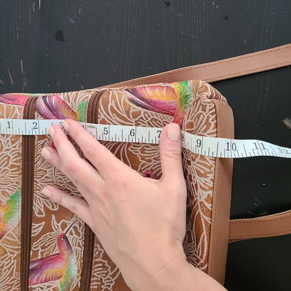 Anuschka Medium Crossbody With Double Zip Pockets Tooled Birds Tan - Picture 11 of 12